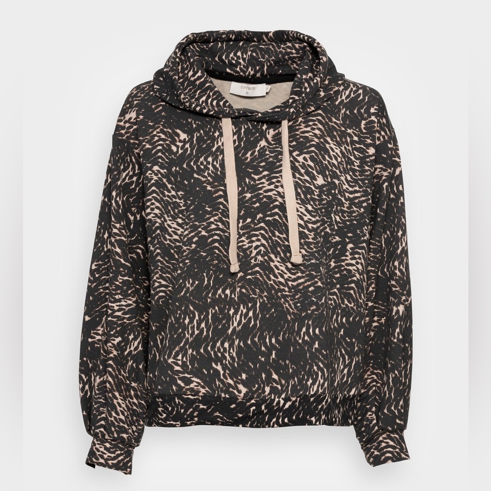 Cream Animal Print Pullover Hoodie with Drawstring Hood | Size L